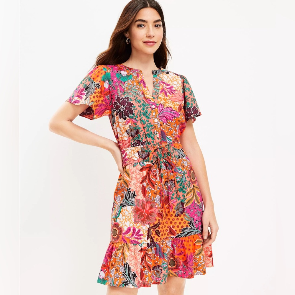 LOFT Petite Patchwork Bloom Smocked‎ Tie Waist Dress